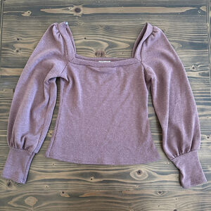 GILLI Mauve Ribbed Square Neck Long Sleeve Top S Puff Sleeve Fitted